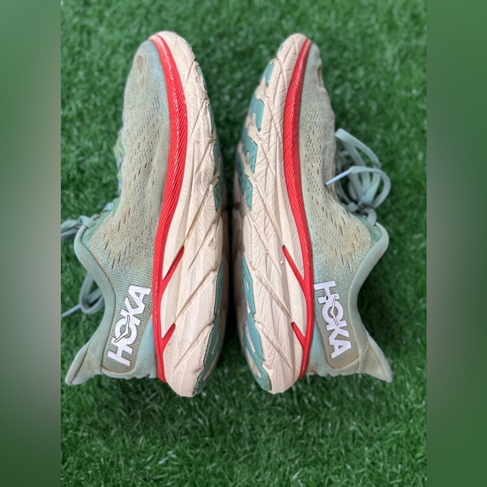 Hoka Women's Clifton 8 Wide Olive and‎ Red Athletic Shoes Size 8D